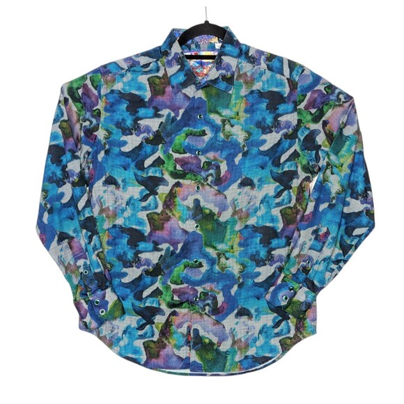 Robert Graham Mens Medium Classic Fit A.S. Roma Blue Print Flip Cuff Shirt - Picture 1 of 7